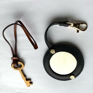Tory Burch Black Leather Mirror/Bag Charm + Fossil Brass Leather Key Bag Charm